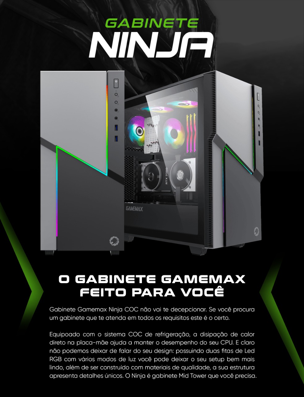 Gabinete Gamer Gamemax Ninja Coc Rgb Preto - Shopar