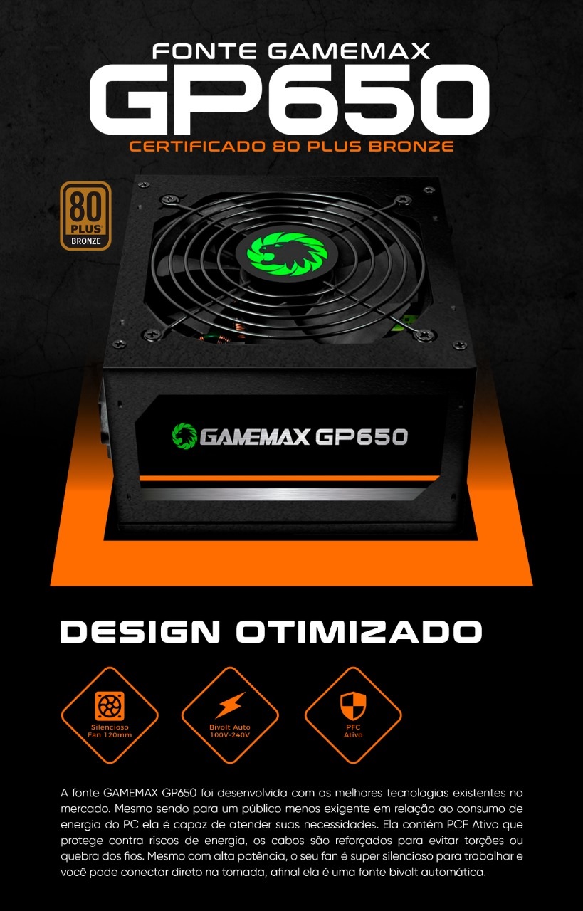 Fonte Gamemax GM600G 600W, 80 Plus Platinum, Semi-Modular, PFC Ativo, Black