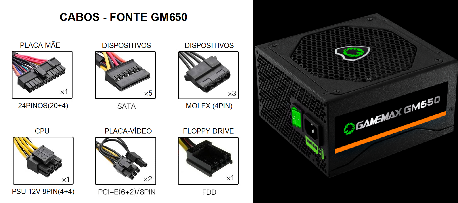 FONTE GAMEMAX 650W 80PLUS BRONZE GP650 - Evolutek Informática