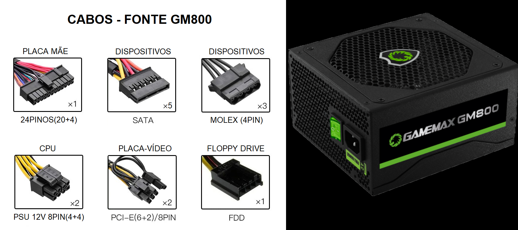 Fonte Gamemax 800W / ATX / 50-60hz - Preto (GM-800) no Paraguai - Atacado  Games - Paraguay