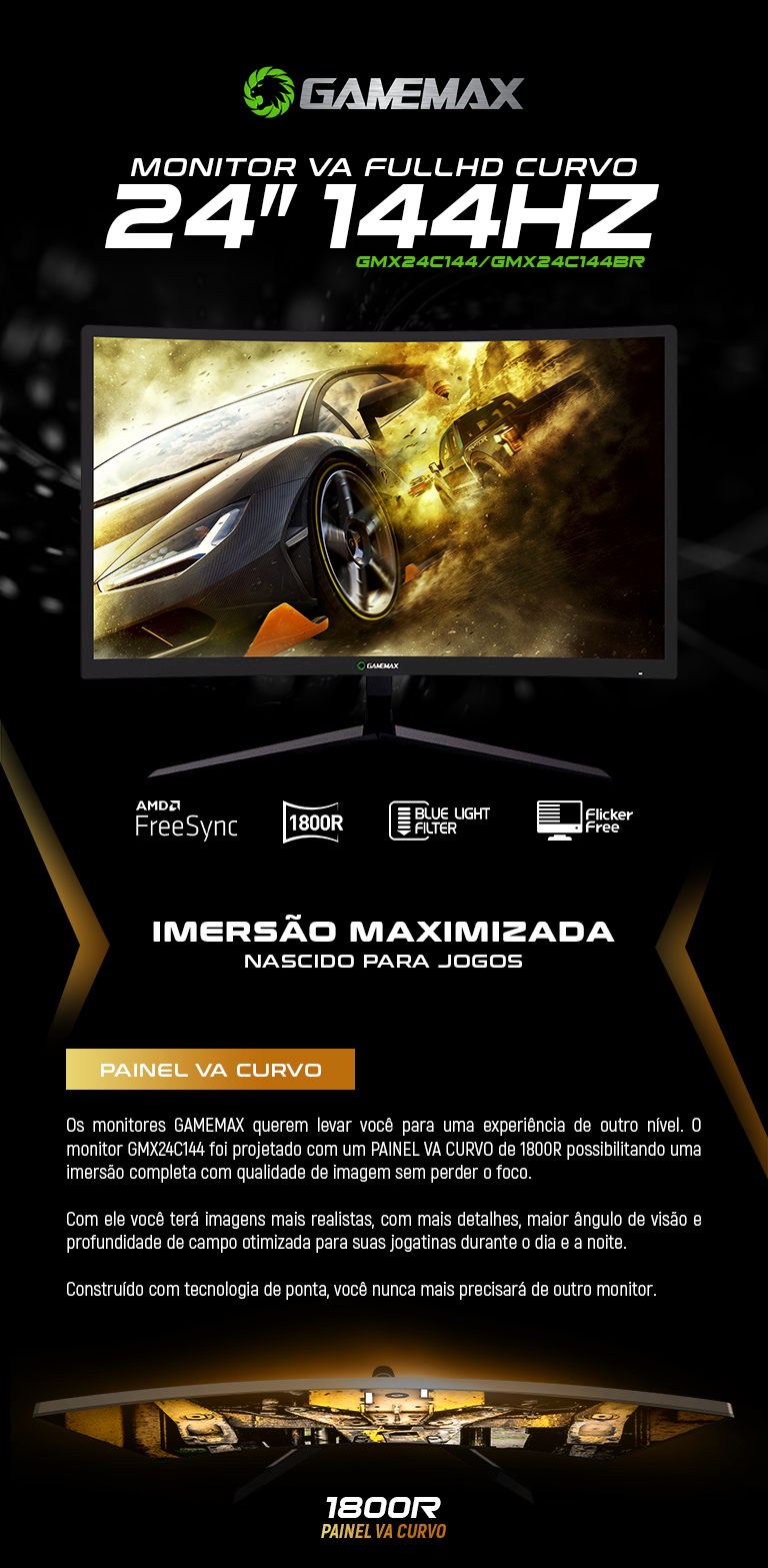 GameMax GMX24C144, 24 FHD Curved 144Hz 1MS FreeSync Gaming Monitor - Black