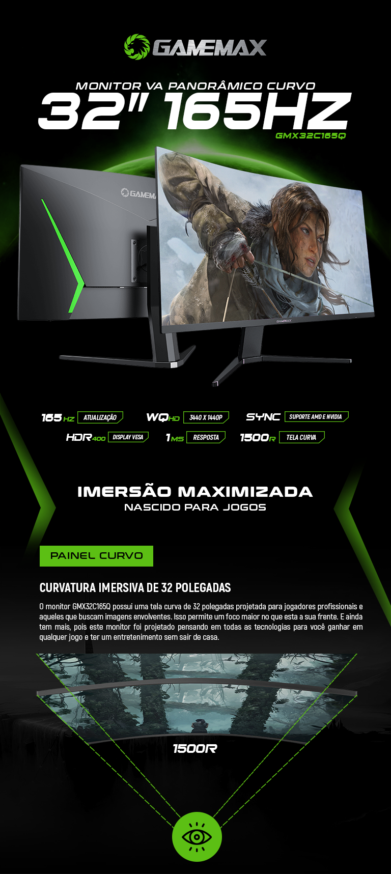 Monitor GameMax 32 Curvo 1500R, WQHD, 165Hz, 1ms HDR400 FreeSync nVidia  G-SYNC,Black (GMX32C165Q)